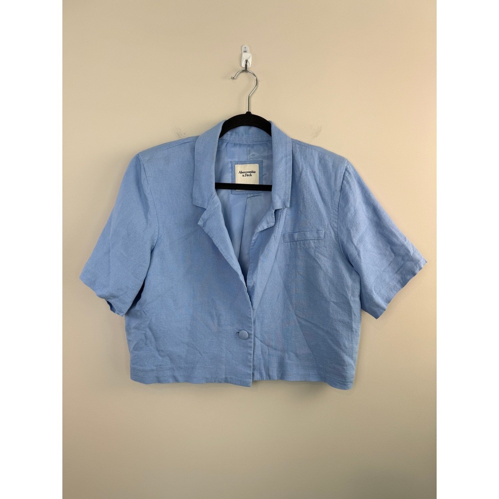 Abercrombie & Fitch Line-Blend Short Sleeve Cropped Blazer Blue Women's Large - Picture 1 of 5